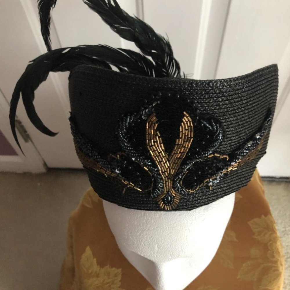 Womens Black Hat With Feathers And Gold Trim